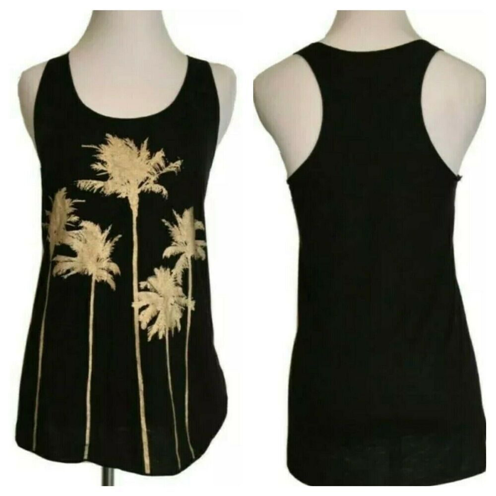 BEAR DANCE Black Tank Top Sleeveless Racerback Boho Gold Foil Summer Bohemian M